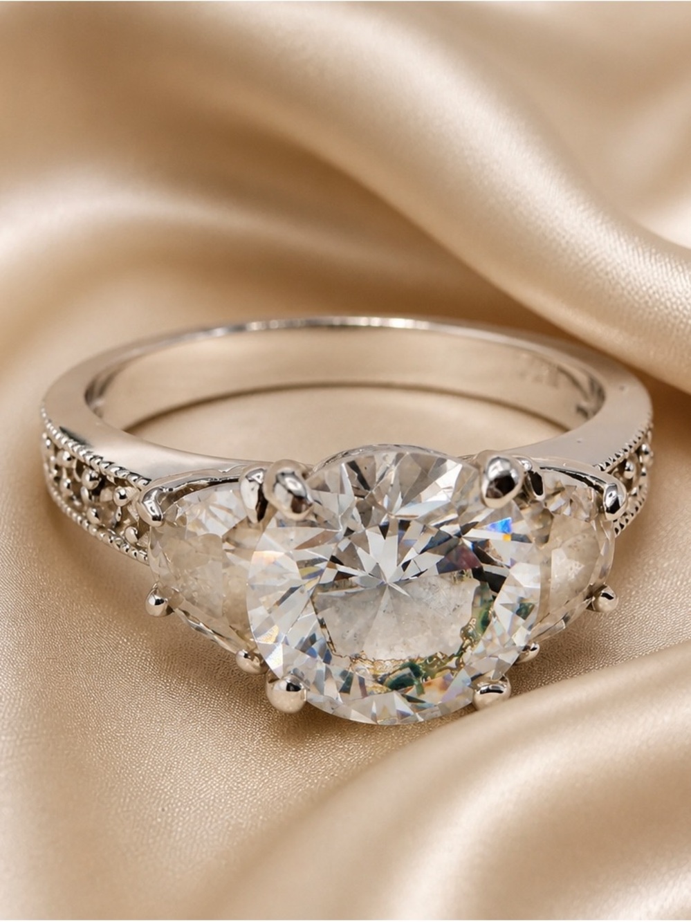 CZ Three-Stone Round Cut Engagement Ring 2-1/2 Carat Main Stone Size 8-1/2